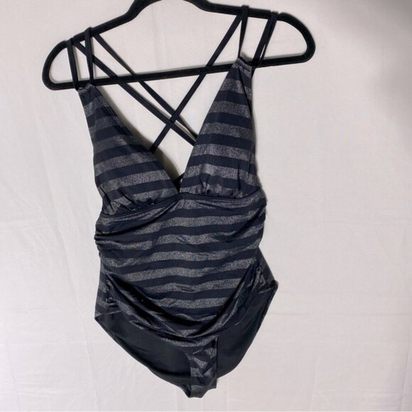 Women’s Black & Metallic Grey Striped One Piece Bathing Suit Swimsuit XL - Picture 14 of 14